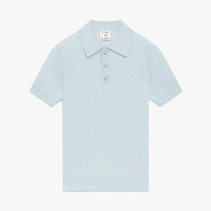 Blauw Pointelle Monogram poloshirt met korte mouwen Blauw Pointelle Monogram poloshirt met korte mouwen