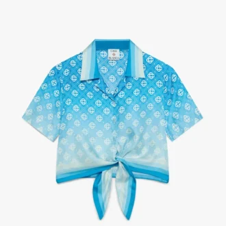 Blauw verloop monogram geknoopt kort zijden overhemd