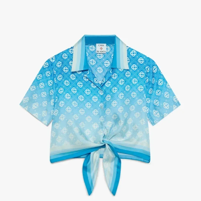 Blauw verloop monogram geknoopt kort zijden overhemd