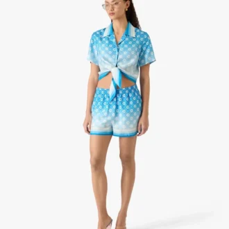 Blauw verloop monogram geknoopt kort zijden overhemd