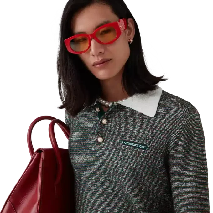 Bouclé gestreept poloshirt met lange mouwen Bouclé gestreept poloshirt met lange mouwen