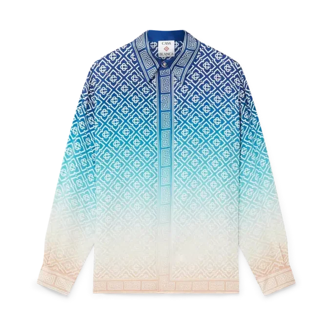 Jacquard-zijden overhemd met lange mouwen en kleurverloop Jacquard-zijden overhemd met lange mouwen en kleurverloop