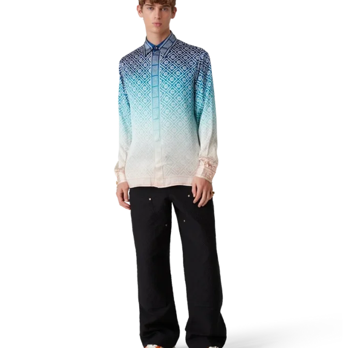 Jacquard-zijden overhemd met lange mouwen en kleurverloop Jacquard-zijden overhemd met lange mouwen en kleurverloop