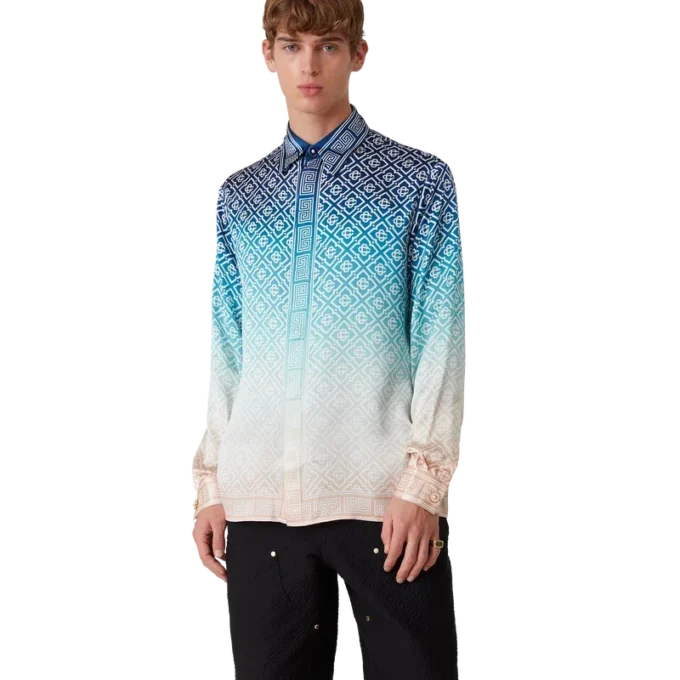 Jacquard-zijden overhemd met lange mouwen en kleurverloop Jacquard-zijden overhemd met lange mouwen en kleurverloop