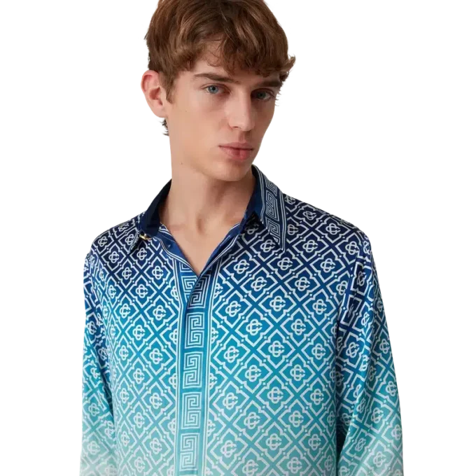 Jacquard-zijden overhemd met lange mouwen en kleurverloop Jacquard-zijden overhemd met lange mouwen en kleurverloop