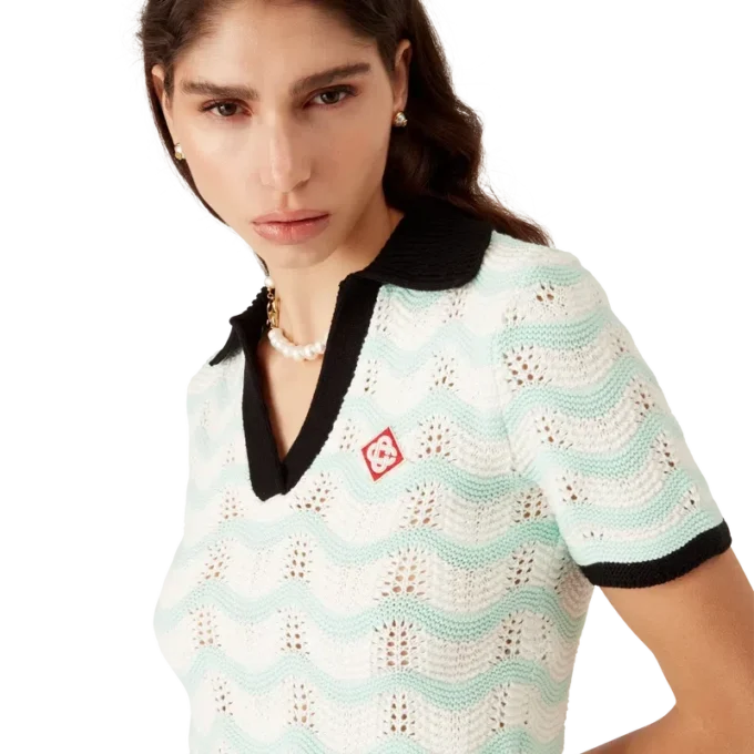 Katoenen Wave Crochet Cropped Poloshirt Katoenen Wave Crochet Cropped Poloshirt