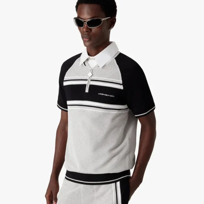 Metallic mesh gestreept poloshirt met korte mouwen en rits