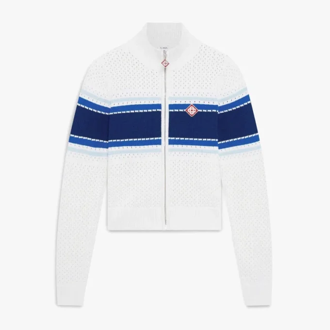 Wit-blauw gestreept bomberjack van mesh