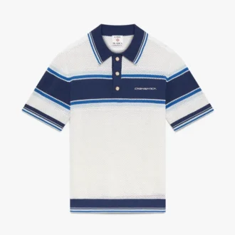 Wit-blauw gestreept mesh poloshirt met korte mouwen Wit-blauw gestreept mesh poloshirt met korte mouwen