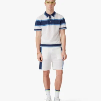 Wit-blauw gestreept mesh poloshirt met korte mouwen Wit-blauw gestreept mesh poloshirt met korte mouwen