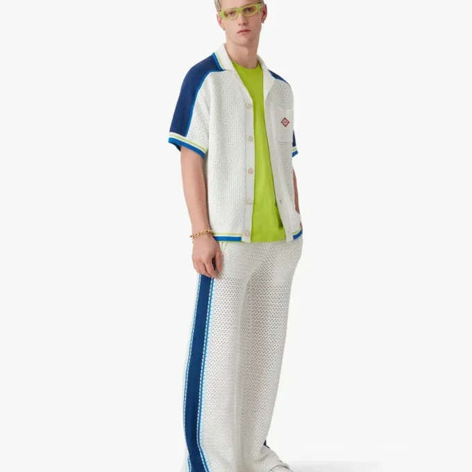 Wit-blauw gestreepte mesh trainingsbroek Wit-blauw gestreepte mesh trainingsbroek