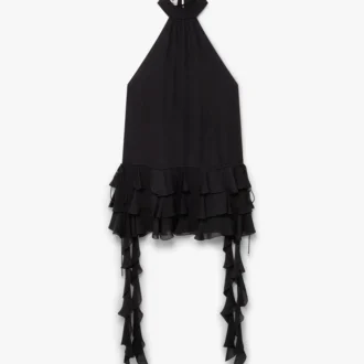 Zwarte mini-jurk van georgette met dubbele ruches Zwarte mini-jurk van georgette met dubbele ruches